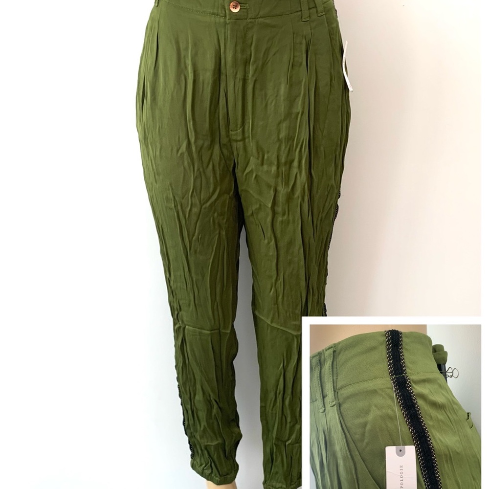 New Anthropologie Satin Joggers Sz 10 Tuxedo Stripe Moss Green Pants